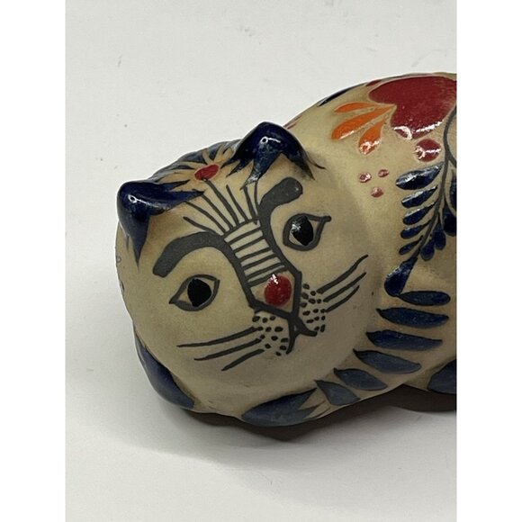 Mexican Tonala Cat Figurine Flower Folk Art Pottery Hand Painted Cancun 4” - Picture 3 of 11